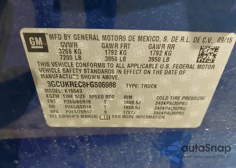 2015 Chevrolet Silverado 1500 2Lt из США, поврежденный, VIN 3GCUKREC8FG506988